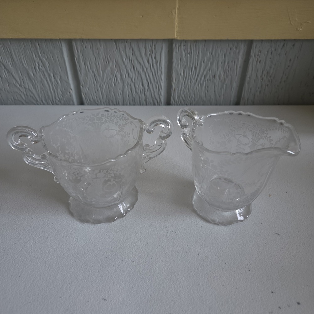 Cambridge Martha Chantilly Etched Elegant Clear Glass Footed Creamer & Sugar Set